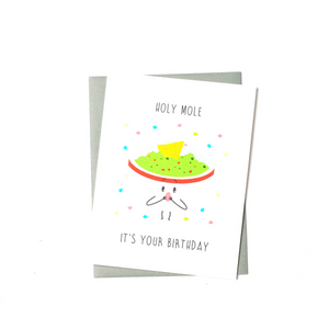 cute foodie birthday card featuring illustration of a bowl of guacamole wearing an expression of surprise with birthday confetti around it.
