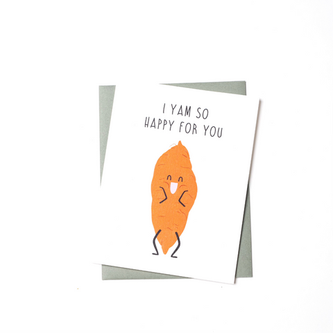 congratulations card with illustration of a very excited looking yam.