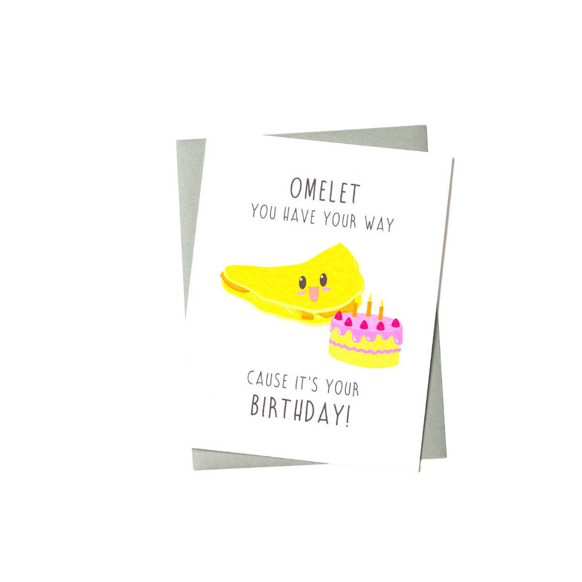birthday card with illustration of a happy, smiling omelet getting ready to blow out its birthday cake.