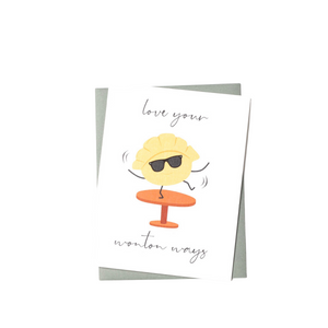 appreciation card with illustration of a wonton dancing on top of a table while wearing sunglasses.